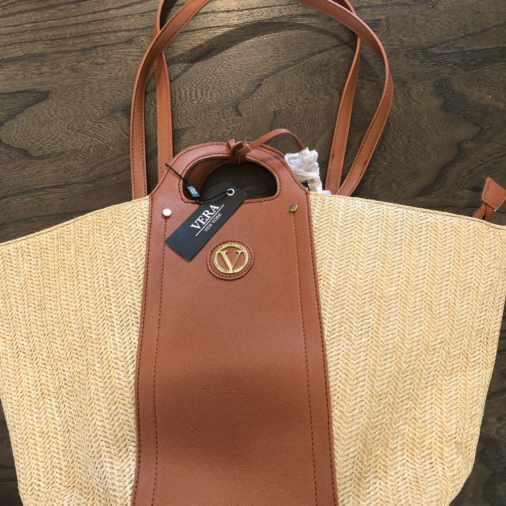 Vera New York Peony Woven Straw Trimmed & Tassel Detailed Tote NWT